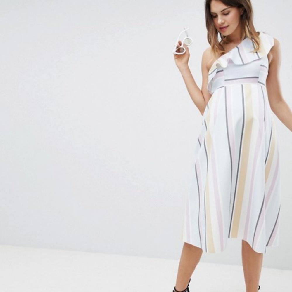 Ruffle One Shoulder Striped Maternity Dress